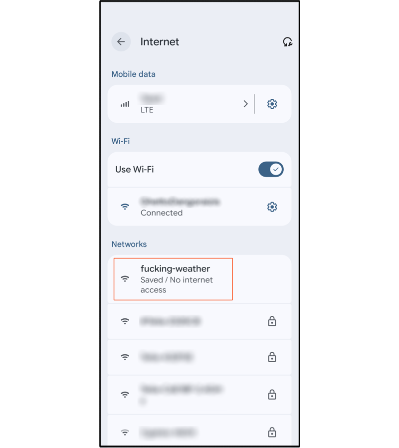 Phone WiFi menu showing the fucking-weather hotspot