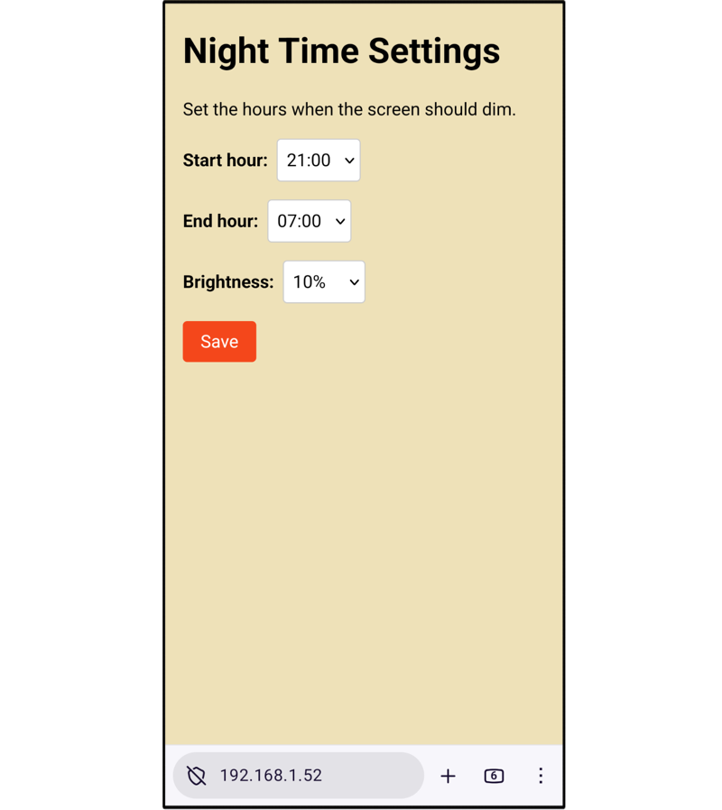 Night time dimming settings page