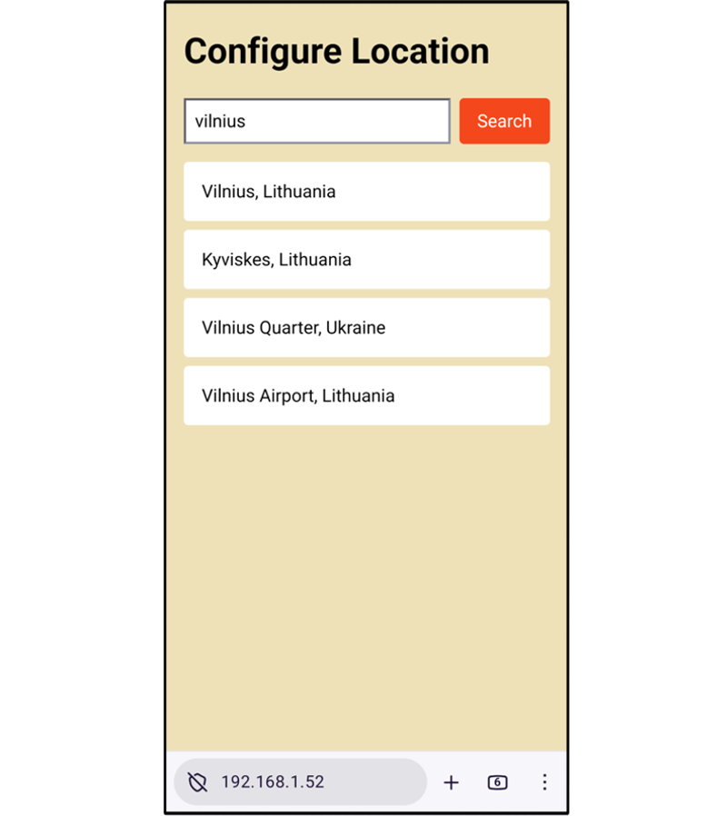 Location search results list in the setup page