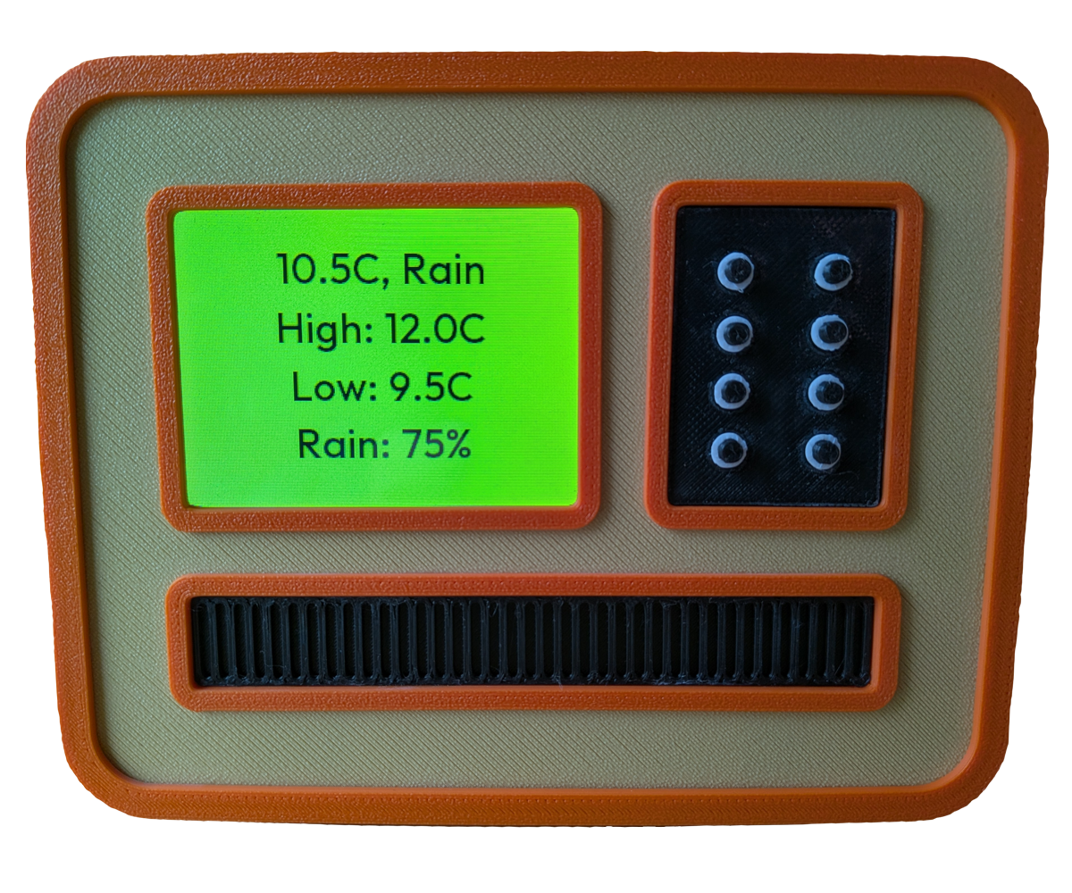 Weather forecast screen with temperature and chance of rain