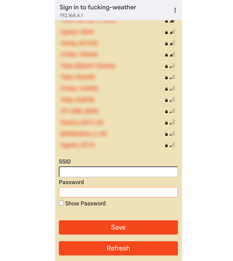 Weather station WiFi setup screen for selecting a network
